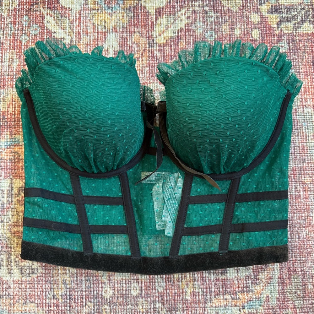 Victoria’s Secret 34D Women's Green Bustier Corset Bra with polka dots & ruffle